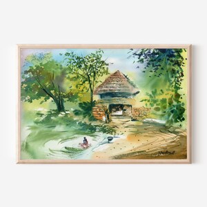 May include: Watercolor painting of a small brick building with a thatched roof, surrounded by lush green trees. A person is washing clothes in a nearby stream.