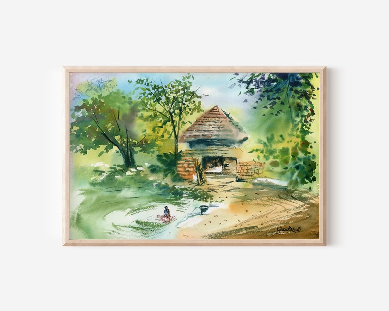 May include: Watercolor painting of a small brick building with a thatched roof, surrounded by lush green trees. A person is washing clothes in a nearby stream.
