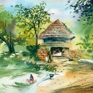 May include: Watercolor painting of a small hut with a thatched roof, surrounded by lush green trees. A person is washing clothes in a nearby pond.
