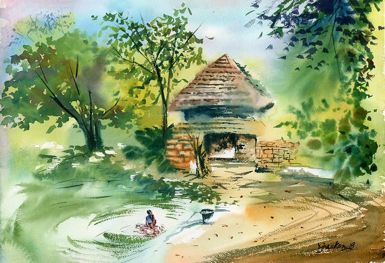 May include: Watercolor painting of a small hut with a thatched roof, surrounded by lush green trees. A person is washing clothes in a nearby pond.