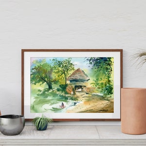 May include: Watercolor painting of a small, brick building with a thatched roof, surrounded by trees and a pond. A person is sitting in the pond, washing clothes.