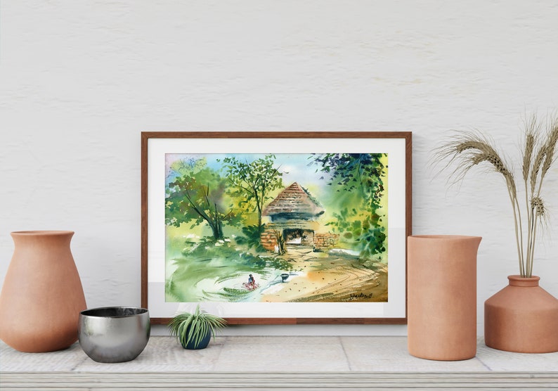 May include: Watercolor painting of a small, brick building with a thatched roof, surrounded by trees and a pond. A person is sitting in the pond, washing clothes.