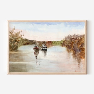 May include: A watercolour painting depicting two boats on a tranquil river. The boats are positioned in the centre of the river, with trees lining the banks. The sky is a soft blue with a few clouds. The water is a light blue-green colour.