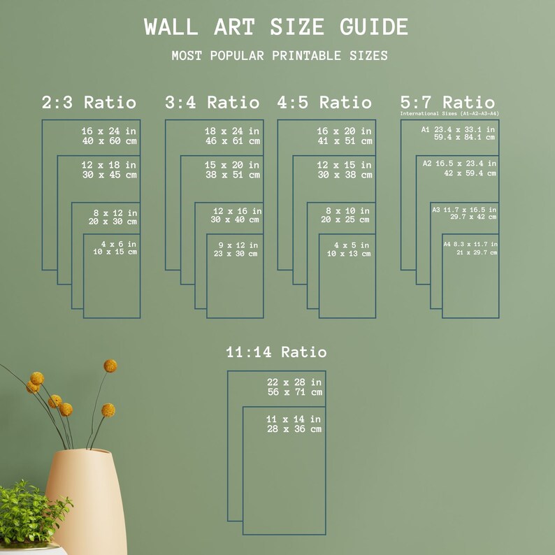 May include: A chart with a green background showing different aspect ratios for wall art prints. The chart includes the dimensions in inches and centimeters for each ratio. The ratios shown are 2:3, 3:4, 4:5, 5:7, and 11:14.