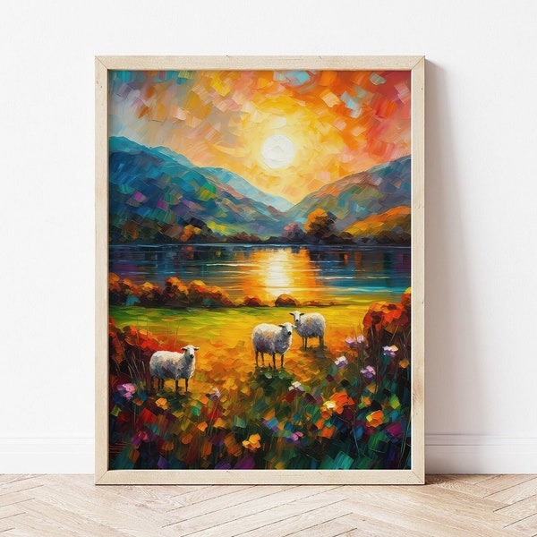 Countryside Art Print, Countryside Art, Sheep Art, Farm Life, Sunset Wall Art, Vibrant Art, Floral Art, Animals, English Countryside
