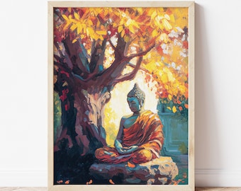 Buddha Oil Painting Art Print | Meditating Under Tree | Impressionist | Digital Art | Vintage Wall Decor