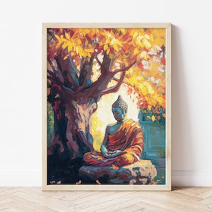 Buddha Oil Painting Art Print | Meditating Under Tree | Impressionist | Digital Art | Vintage Wall Decor