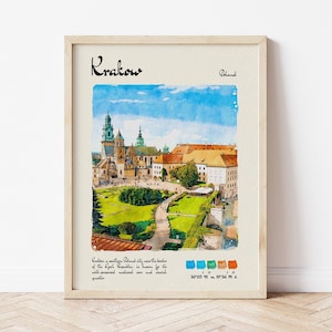 Krakow Travel Poster | Watercolour & Ink Design Digital Art Print | Vintage Wall Decor