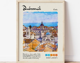 Dubrovnik Travel Poster | Watercolour & Ink Design Digital Art Print | Vintage Wall Decor