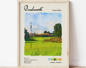 May include: A watercolor illustration of a golf course with a flag in the foreground. The text "Pinehurst" and "United States" is at the top of the image. The text "Par 72 (7,389 yards (6,758 m)) Course rating 75.3 Slope rating 138" is at the bottom of the image.