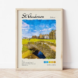 St Andrews Golf Course Travel Poster | Watercolour & Ink Design Digital Art Print | Vintage Wall Decor