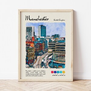Manchester Travel Poster | Watercolour & Ink Design Digital Art Print | Vintage Wall Decor