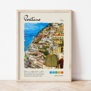 Positano Travel Poster | Watercolour & Ink Design Digital Art Print | Vintage Wall Decor