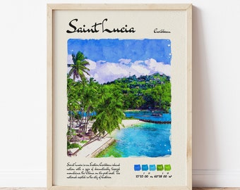 Saint Lucia Travel Poster | Watercolour & Ink Design Digital Art Print | Vintage Wall Decor