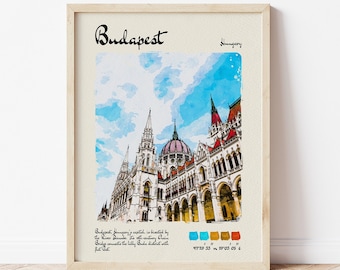 Budapest Travel Print, Budapest Art, Budapest Art Print, Watercolour Art, Vintage Art, Travel Poster, Home Decor, Wall Decor, Hungary Print