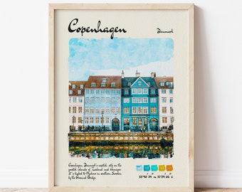Copenhagen Travel Poster | Watercolour & Ink Design Digital Art Print | Vintage Wall Decor