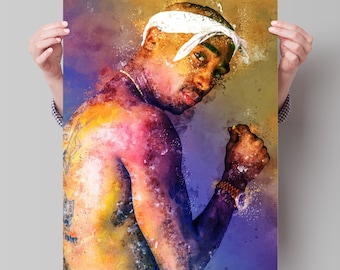 Puede incluir: Una pintura de acuarela de un hombre con una bandana blanca en la cabeza. La pintura está en tonos de amarillo, naranja, morado y azul. El hombre está mirando hacia un lado y tiene una expresión seria en su rostro.