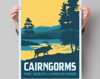 Cairngorms Travel Print, Scottish Highlands Art Print, National Park Travel Poster, Deer, Scotland Travel Poster, Minimalist Travel Print