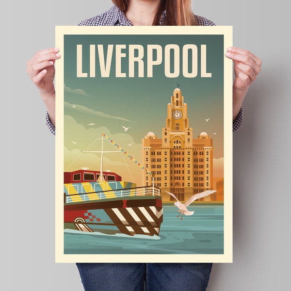 Affiche de voyage Liverpool Ferry Liver Building - Impression d’art minimaliste