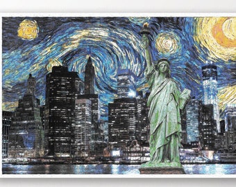 Estatua de la Libertad Van Gogh Noche estrellada Impresión de póster