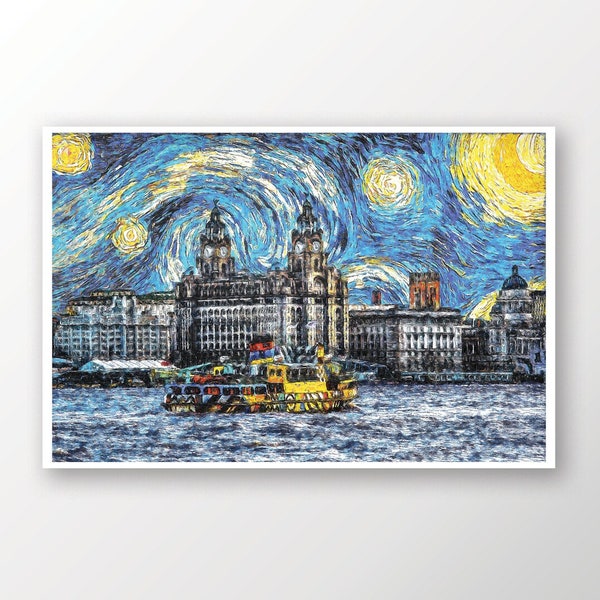 Liverpool Ferry Liver Building Van Gogh Starry Night Poster Print