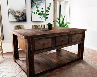 May include: A dark brown wooden kitchen island with three drawers and a lower shelf. The island has a rustic, farmhouse style and is made of reclaimed wood.