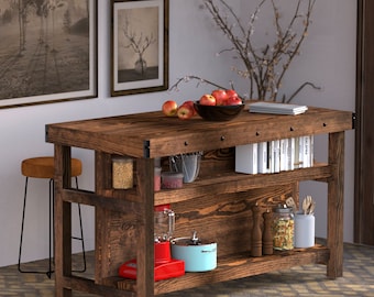 May include: A rustic wooden kitchen island with two shelves. The island has a dark brown wood finish and features metal accents. The top shelf is filled with books and the bottom shelf has a blender, a red pot, and a white container.