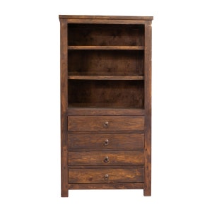 May include: A dark brown wooden bookcase with four drawers and three shelves. The bookcase has a rustic look and is made of solid wood.