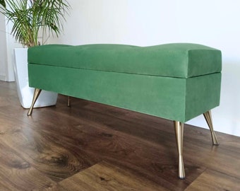 Green ADELE bench with storage from Rossi Furniture - gold chrome legs handmade