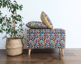 TOSCANIA trunk, a bench with a Rossi Furniture container, a seat, an upholstered box, patterned fabric