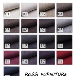 May include: A color chart for MUNA fabric from Rossi Furniture. The chart displays 19 fabric swatches in various colors, including beige, brown, gray, purple, and red. Each swatch is numbered for easy identification. The brand name is displayed at the top.