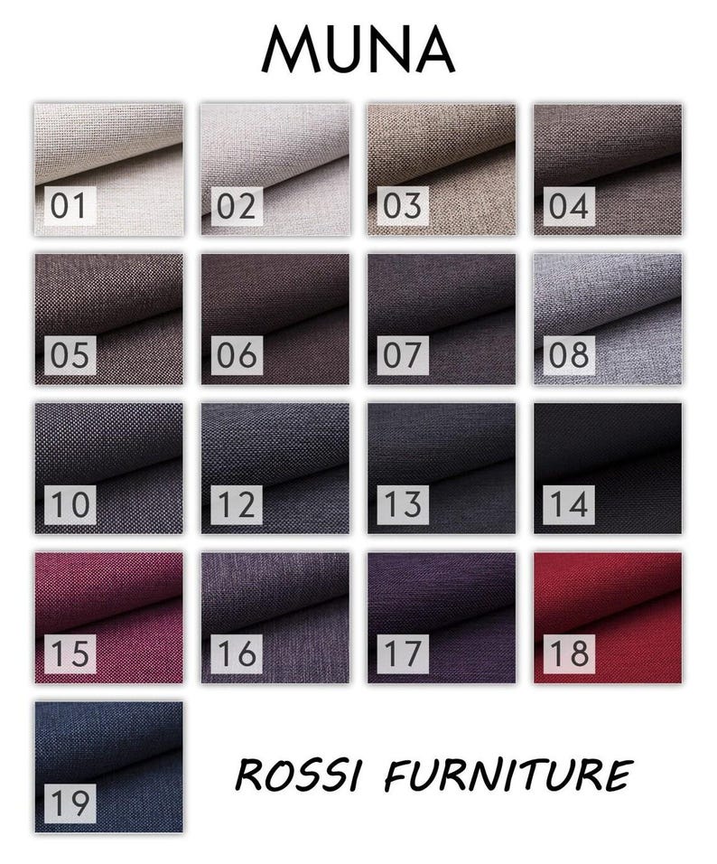 May include: A color chart for MUNA fabric from Rossi Furniture. The chart displays 19 fabric swatches in various colors, including beige, brown, gray, purple, and red. Each swatch is numbered for easy identification. The brand name is displayed at the top.