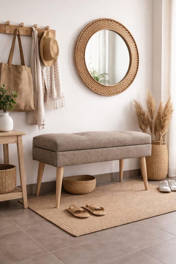 Boho Upholstered Bench, Handcrafted Entryway Seating, Ethnic Style Bedroom Ottoman, Rustic Kilim Footstool,  Entryway Decor