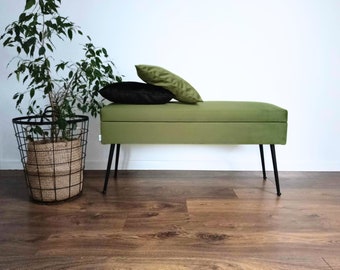 Bench Upholstered LATINA whit STORAGE Rossi Furniture 50 cm high  black legs, handmade, green French Velvet bench,