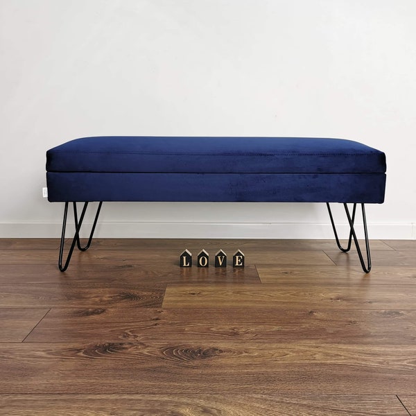 Banc rembourré bleu marine ELECTRA II de Rossi Furniture, style industriel, pieds en épingle à cheveux, banc avec rangement,