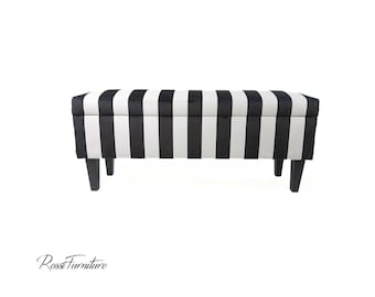 Malle décorative, rayures noires et blanches, banquette aux motifs Rossi Furniture, fait main, espace de rangement,