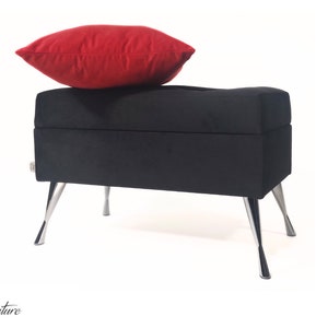 May include: A black storage bench with chrome legs and a red pillow on top. The bench has a tufted top and a rectangular shape.