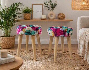 Rossi Upholstered Stool – Round Floral Seat with Beech Wood Legs  (H: 45cm / 18") Rossi Furniture