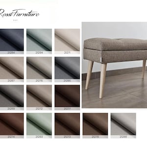 May include: A brown upholstered bench with light wooden legs. The bench has a button-tufted top and a rectangular shape. The image also displays a color swatch chart with various fabric samples, and the text "Rossi Furniture".