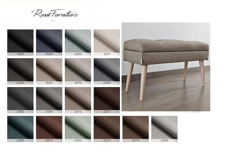 May include: A brown upholstered bench with light wooden legs. The bench has a button-tufted top and a rectangular shape. The image also displays a color swatch chart with various fabric samples, and the text "Rossi Furniture".