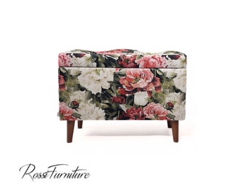 Banc toscan de coffre, bancs de fleurs coffre rembourré, feuilles de presse-papiers, motifs de fleurs dans les feuilles FAIT MAIN par Rossi Furniture