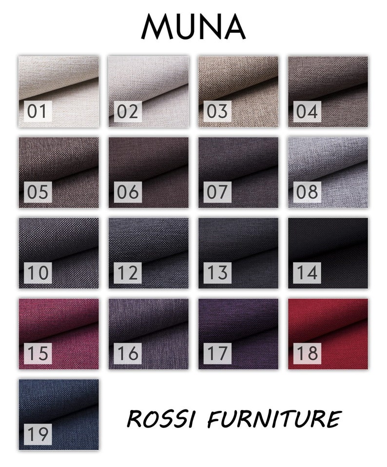 Pode incluir: Uma carta de amostras que mostra 19 amostras de tecido diferentes em v&aacute;rias cores e texturas. A carta &eacute; etiquetada como "MUNA" e "ROSSI FURNITURE".