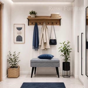 May include: A wooden wall-mounted coat rack with a shelf, a blue scarf, a beige coat, and a black handbag. Below is a blue and white chequered bench with a blue pillow, a potted plant in a black stand, and a woven basket with a plant.