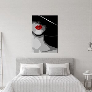 Póster imprimible Sombrero Lady Art labios rojos, lápiz labial, kiss art, Arte minimalista, Minimalista, Line Art, póster digital Arte femenino, impresión digital