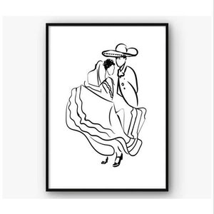 May include: A black and white line drawing of a couple dancing. The woman is wearing a long skirt and the man is wearing a hat.