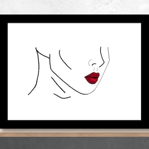May include: Line art drawing of a woman's face with red lipstick. The drawing is in black and white with a white background.