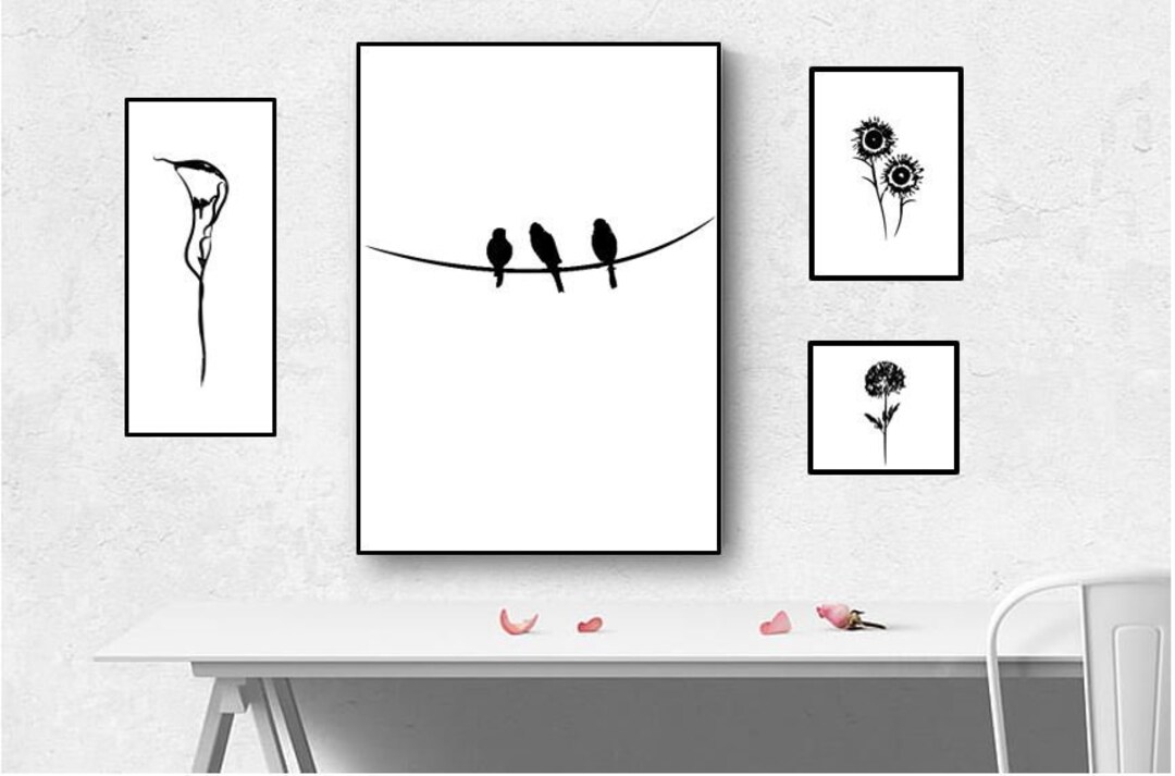 Printable Art, Set of 4 Wall Art Prints, Flower and Birds Wall Art