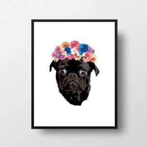 Printable Art, chocolate pug, pet dog Art , instant download Art, Minimalist, floral Art,  digital art Print, digital print, pet portrait