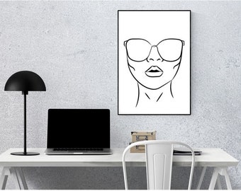 Printable Art, Girl with blank sunglasses, instant download Minimalist Art, Line Art, simple digital art, Print, Female Art, digital print