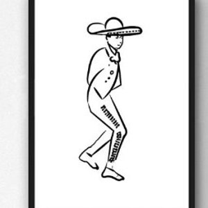 Peut inclure: Dessin au trait noir et blanc d'une personne portant un chapeau à larges bords et des vêtements traditionnels, effectuant un mouvement de danse.